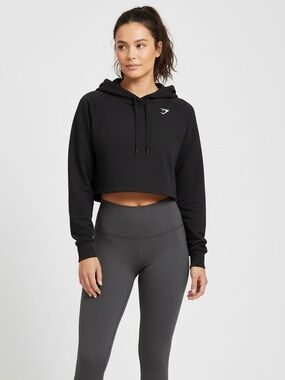 Gymshark Women's Size L Cropped Long Sleeve Hoodie Black Cotton